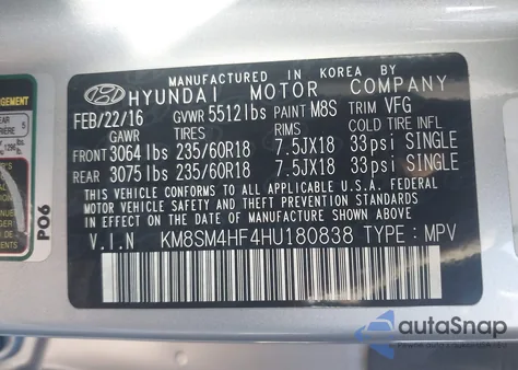 2017 Hyundai Santa Fe Se из США, поврежденный, VIN KM8SM4HF4HU180838